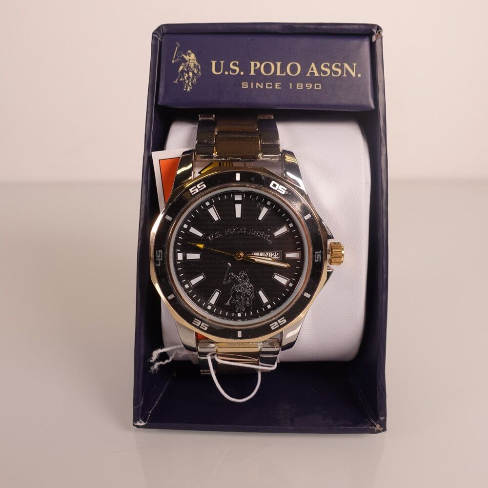 U.S. Polo Assn. Men's Quartz Watch Black Dial Date 2 Tone Gold Silver Band Bezel